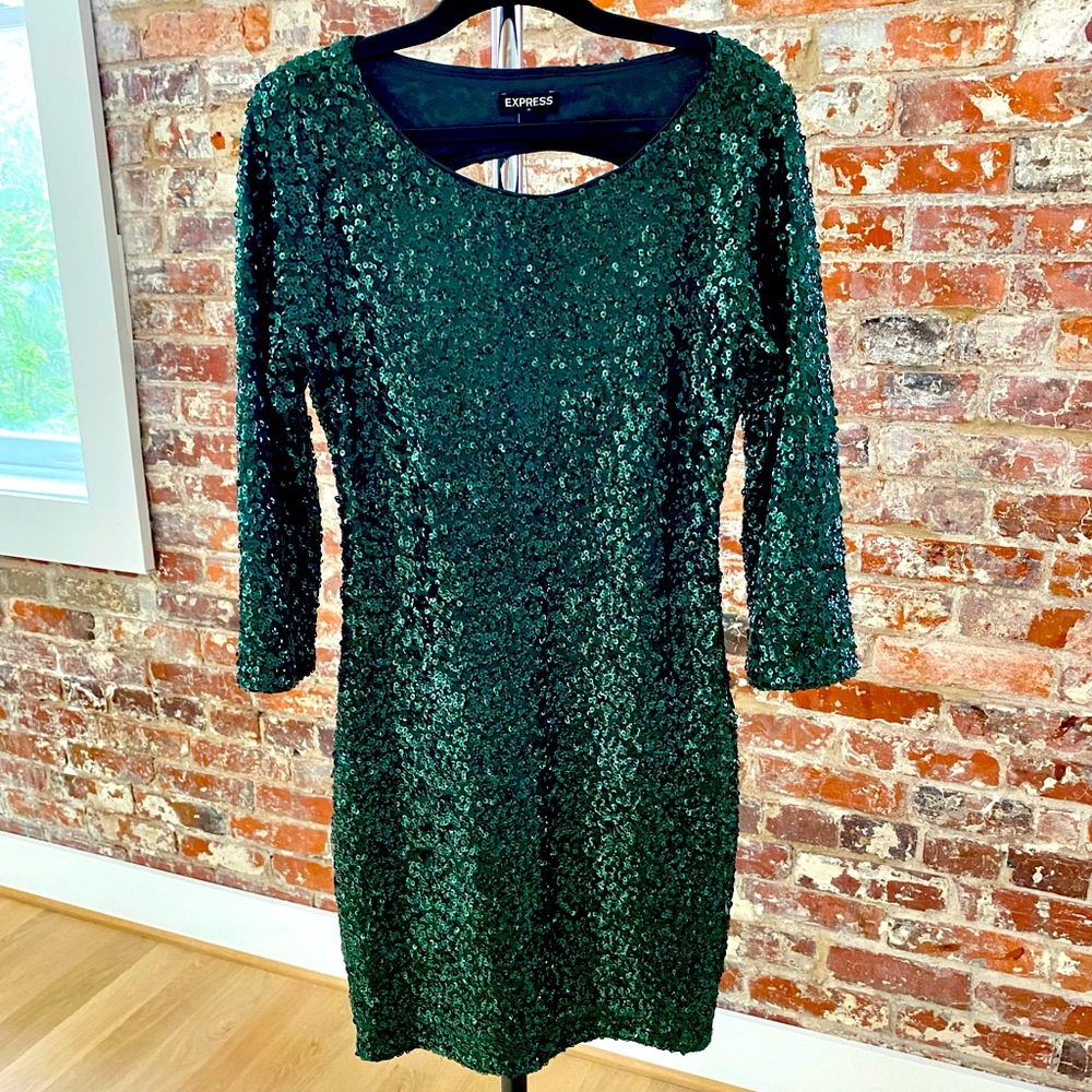 New w tags Express green sequin sparkly cutout backless dress 0